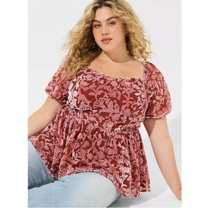 Torrid Babydoll Burnout Velvet Top Size 2X Puff Sleeve Boho Whimsigoth Pink